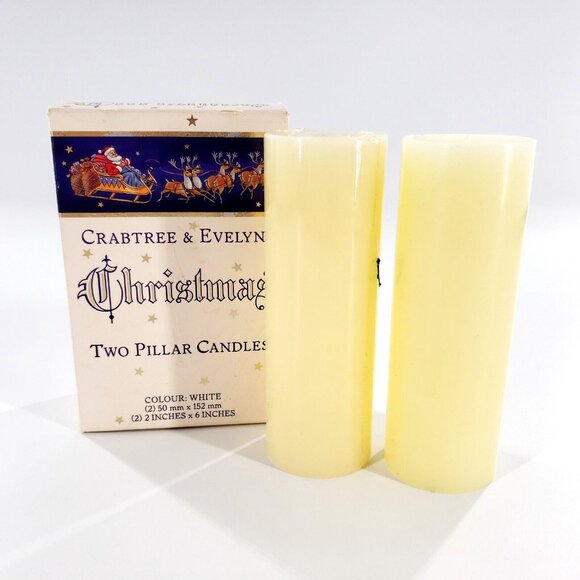 Vintage Crabtree & Evelyn Christmas Two Pillar Candles 2" x 6" Set Of 2 Unused - Picture 1 of 8